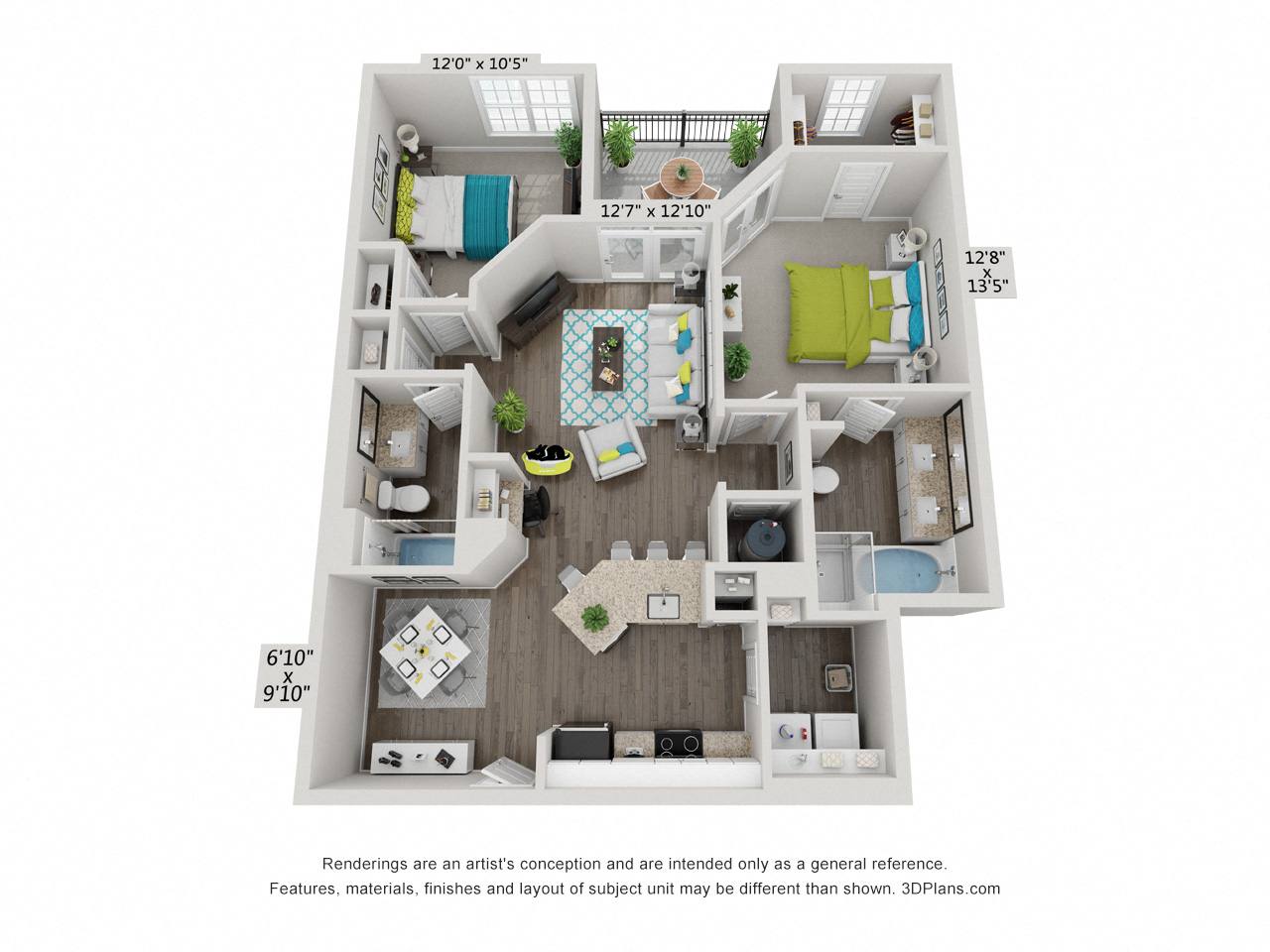 Floor plan for 2 beds, 2 baths, 1133 sqft